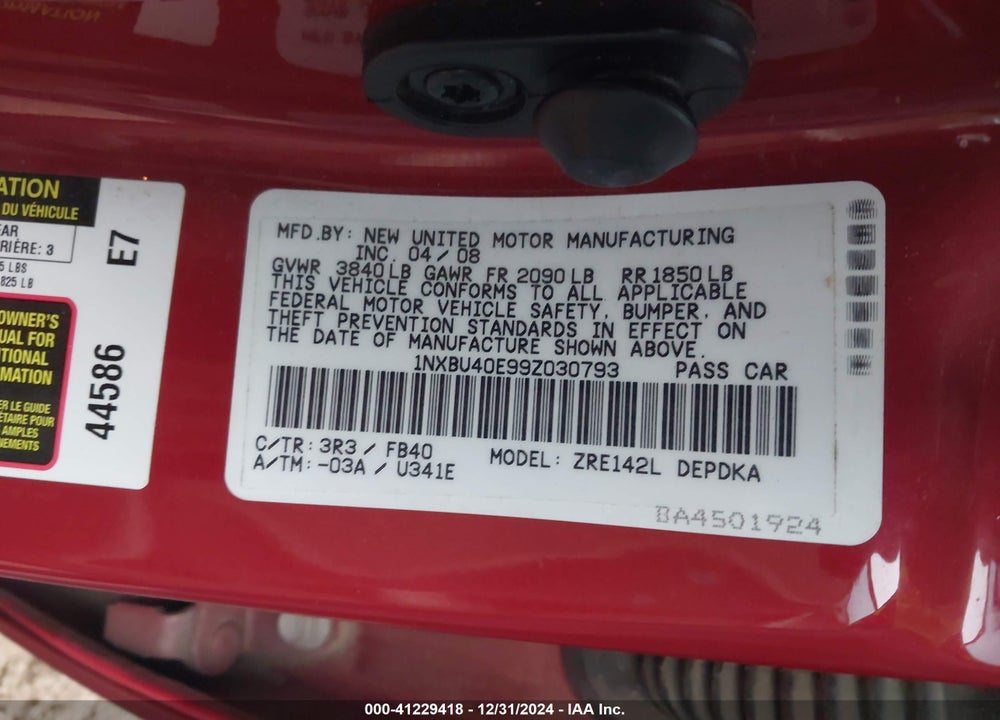 2009 TOYOTA COROLLA VIN: 1NXBU40E99Z030793