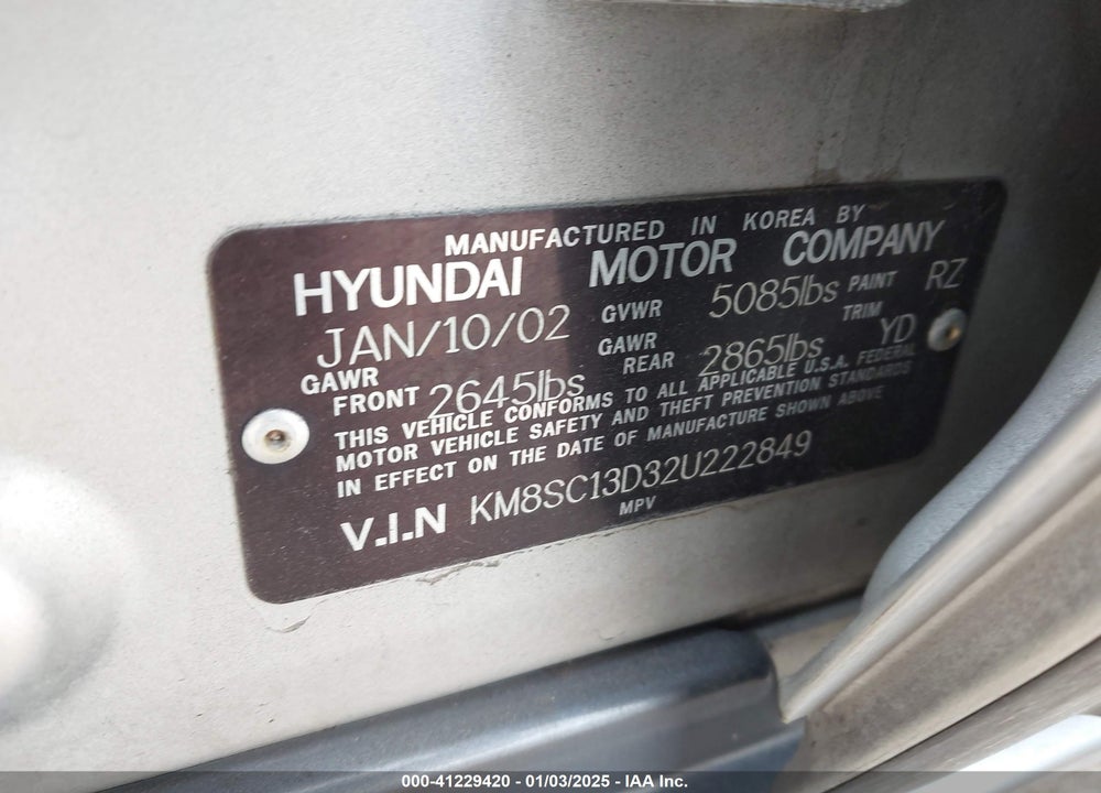 2002 HYUNDAI SANTA FE GLS/LX VIN: KM8SC13D32U222849