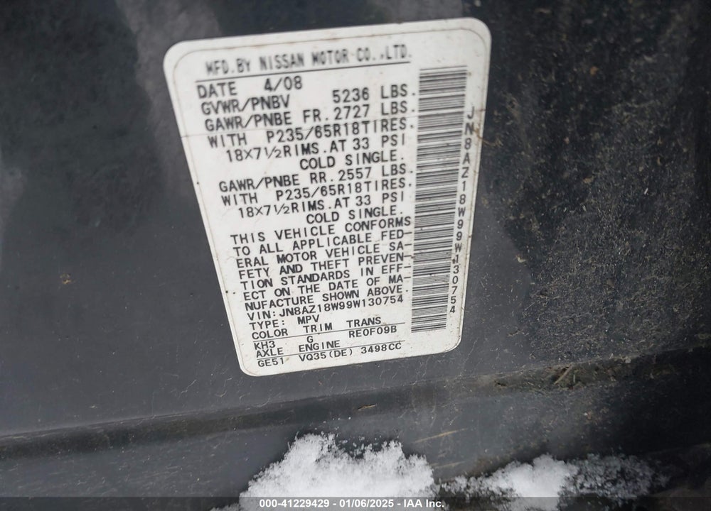 2009 NISSAN MURANO SL VIN: JN8AZ18W99W130754