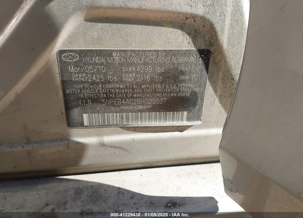 2011 HYUNDAI SONATA GLS VIN: 5NPEB4AC2BH029537