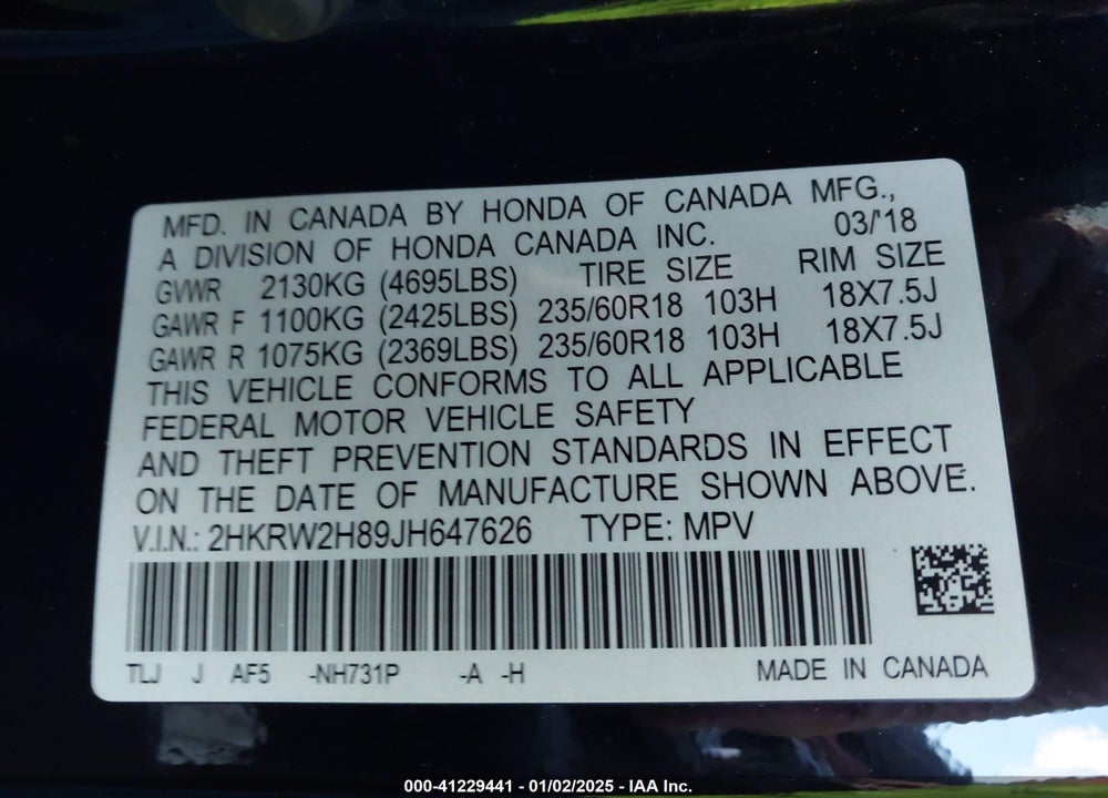 2018 HONDA CR-V EX-L/EX-L NAVI VIN: 2HKRW2H89JH647626