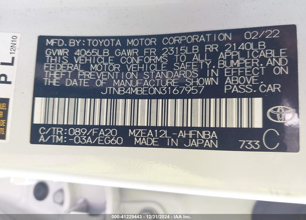 2022 TOYOTA COROLLA VIN: JTNB4MBE0N3167957