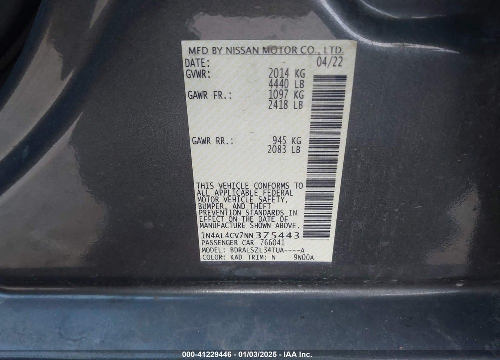 2022 NISSAN ALTIMA VIN: 1N4AL4CV7NN375443