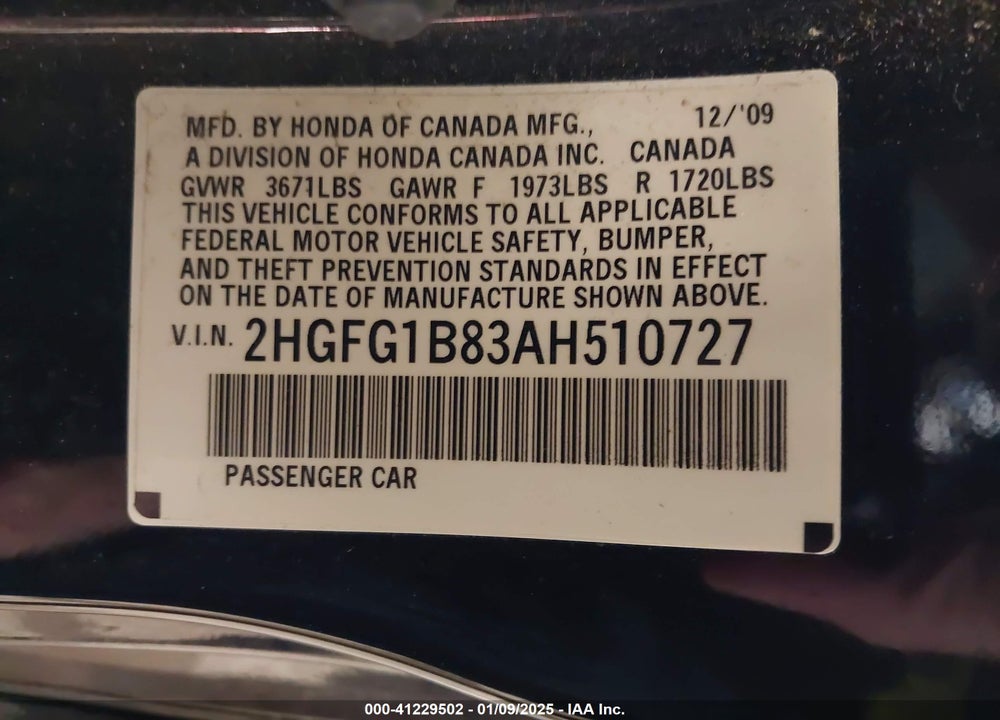 2010 HONDA CIVIC EX VIN: 2HGFG1B83AH510727