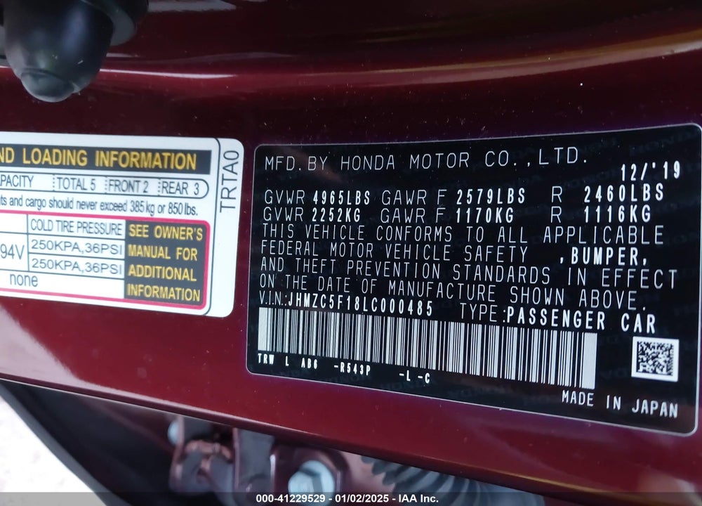 2020 HONDA CLARITY PLUG-IN HYBRID VIN: JHMZC5F18LC000485