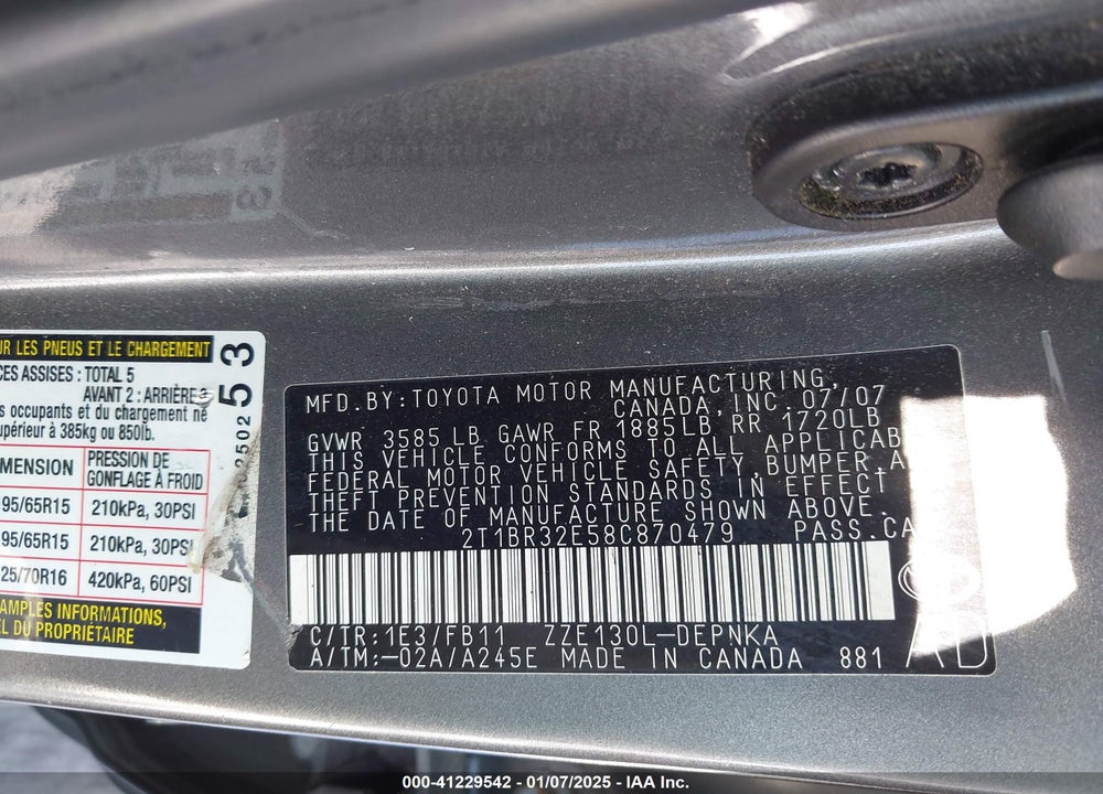2008 TOYOTA COROLLA VIN: 2T1BR32E58C870479