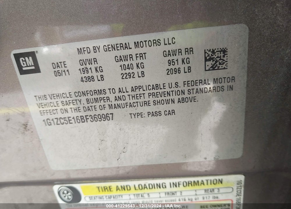 2011 CHEVROLET MALIBU 1LT VIN: 1G1ZC5E16BF369967