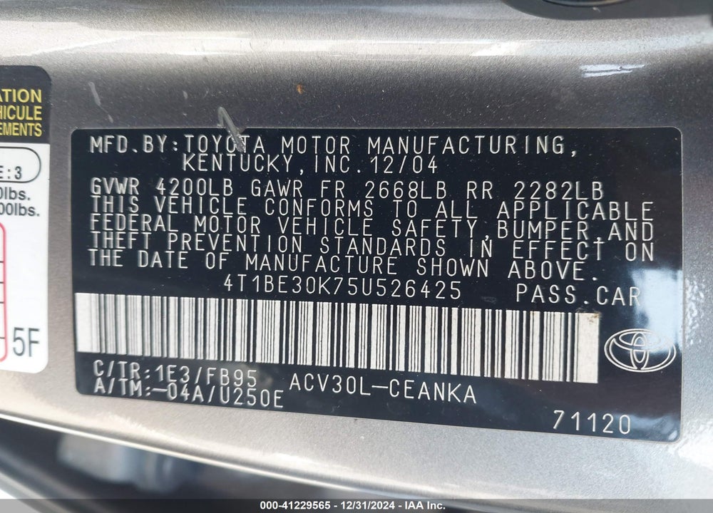 2005 TOYOTA CAMRY LE VIN: 4T1BE30K75U526425