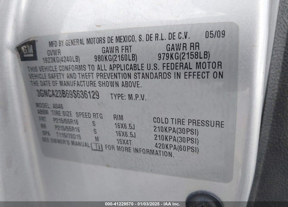 2009 CHEVROLET HHR LT VIN: 3GNCA23B69S636129