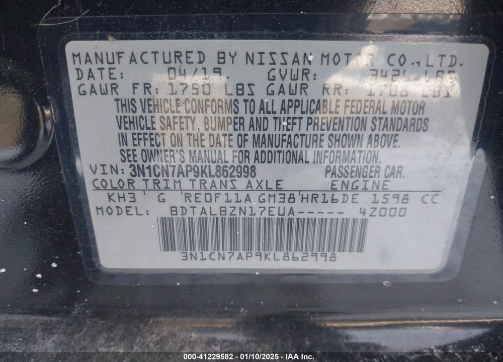 2019 NISSAN VERSA 1.6 SV VIN: 3N1CN7AP9KL862998