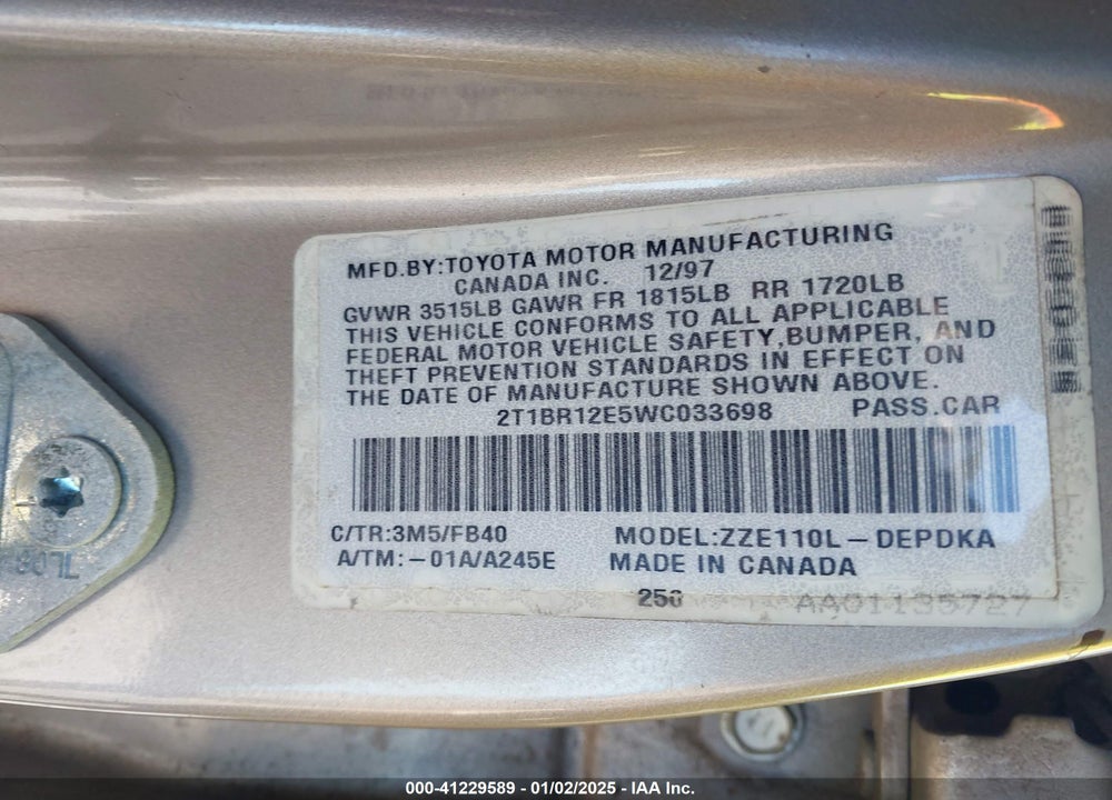 1998 TOYOTA COROLLA CE VIN: 2T1BR12E5WC033698