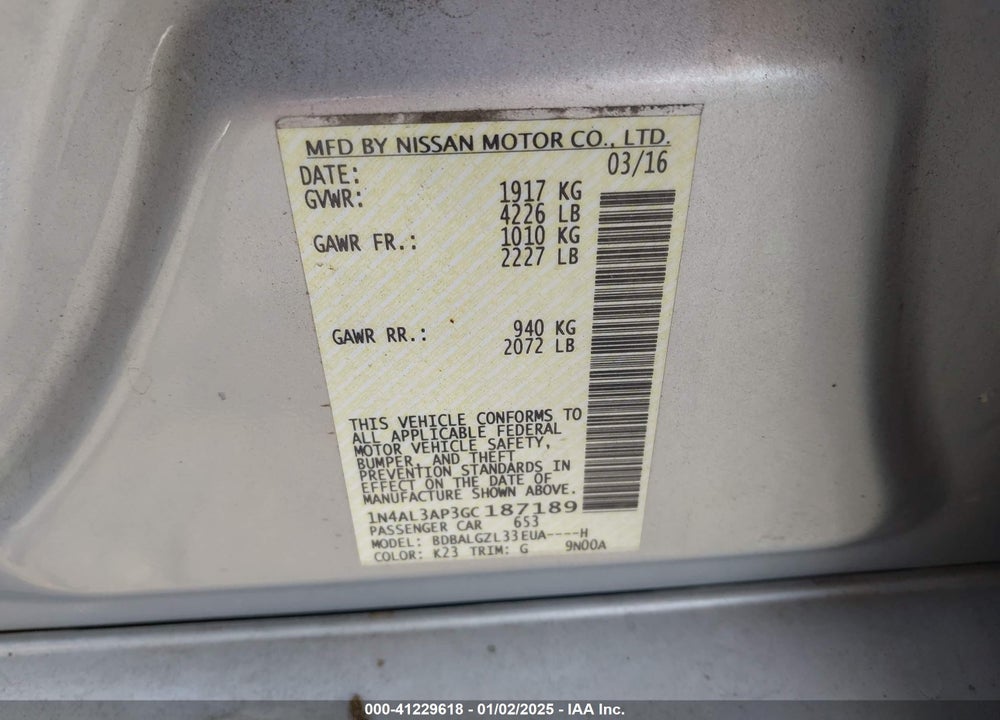 2016 NISSAN ALTIMA 2.5 S VIN: 1N4AL3AP3GC187189