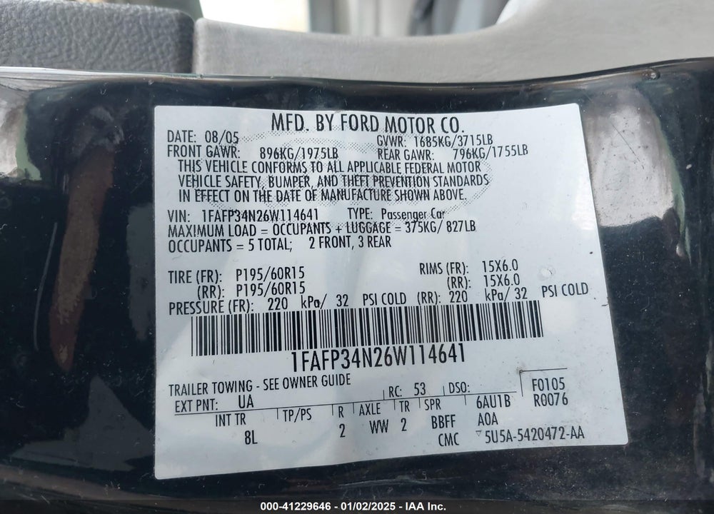 2006 FORD FOCUS VIN: 1FAFP34N26W114641