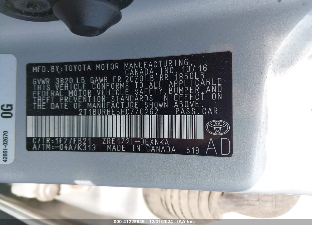 2017 TOYOTA COROLLA LE VIN: 2T1BURHE5HC770262