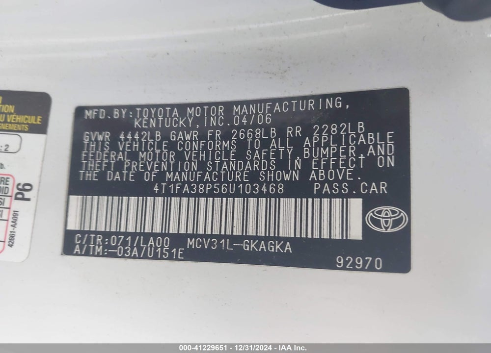 2006 TOYOTA CAMRY SOLARA SLE VIN: 4T1FA38P56U103468