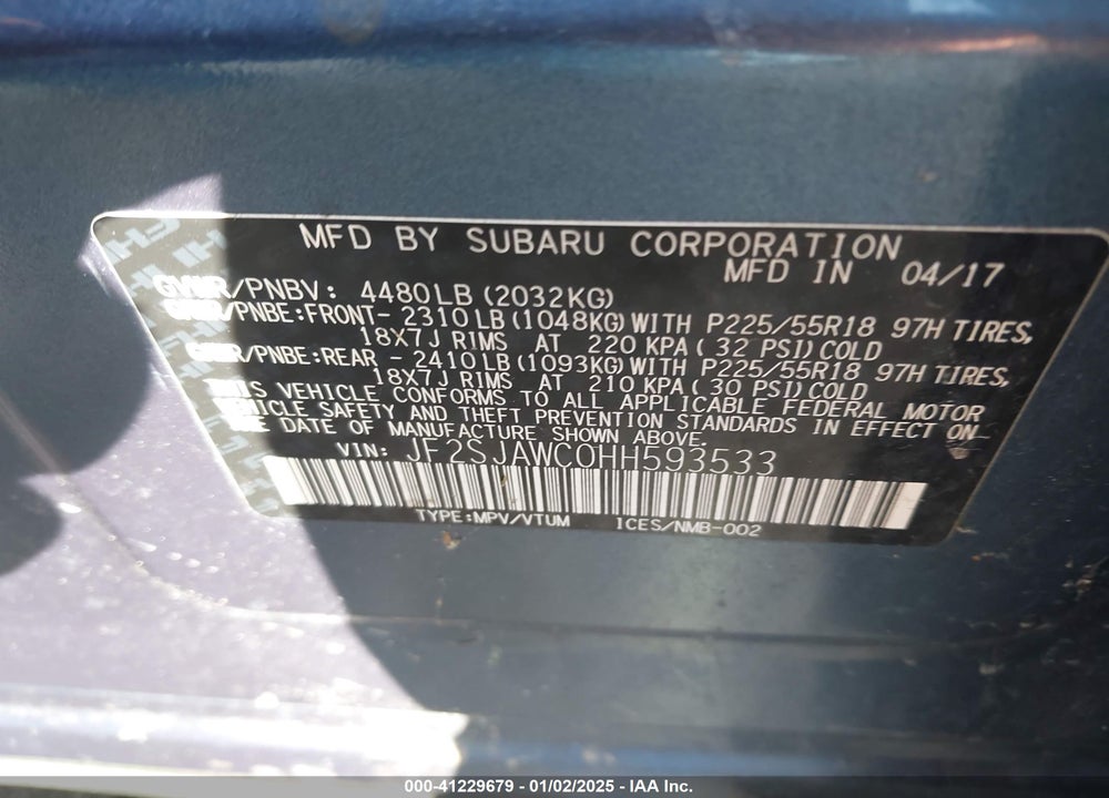 2017 SUBARU FORESTER VIN: JF2SJAWC0HH593533