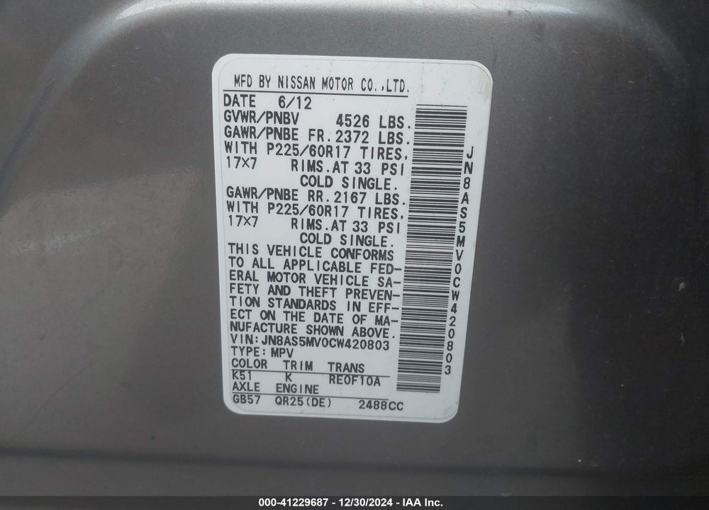 2012 NISSAN ROGUE SV VIN: JN8AS5MV0CW420803