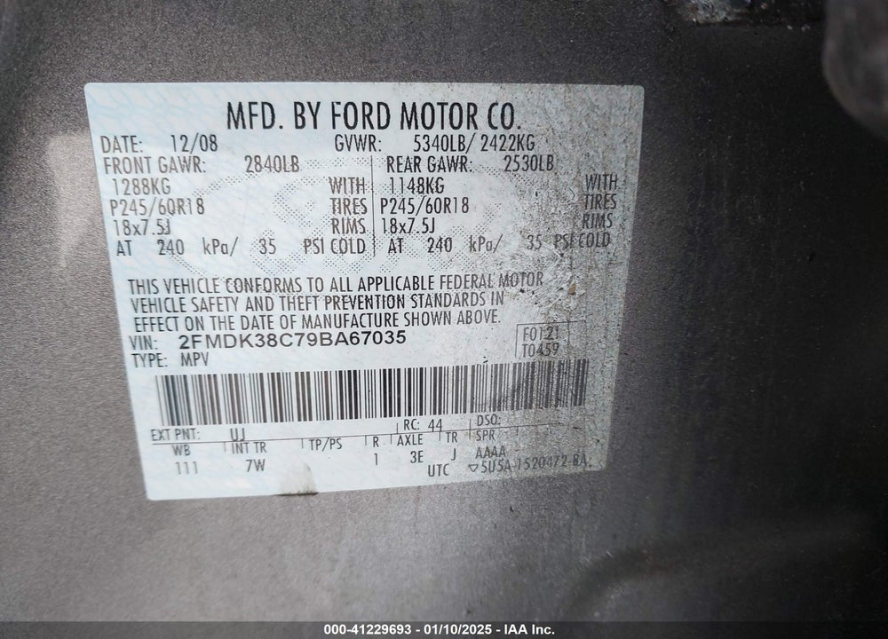 2009 FORD EDGE SEL VIN: 2FMDK38C79BA67035