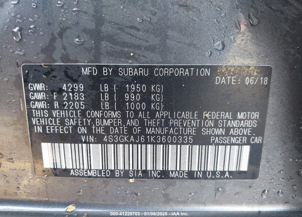 2019 SUBARU IMPREZA VIN: 4S3GKAJ61K3600335