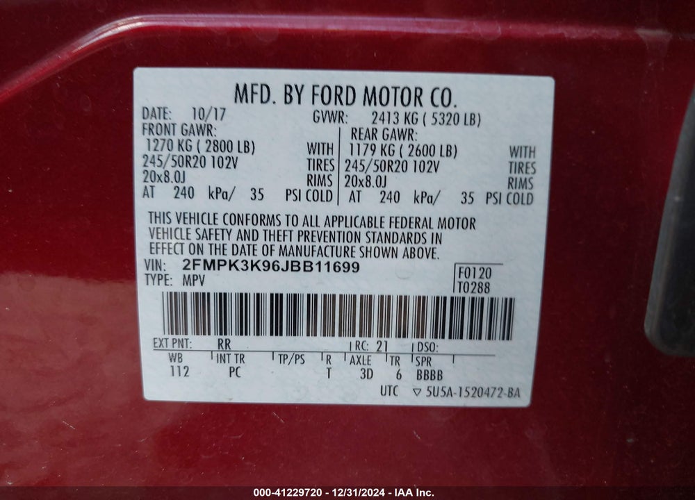 2018 FORD EDGE TITANIUM VIN: 2FMPK3K96JBB11699