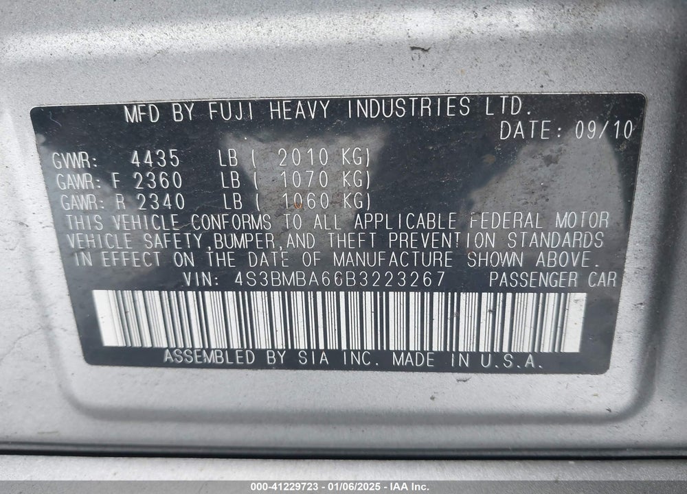 2011 SUBARU LEGACY VIN: 4S3BMBA66B3223267