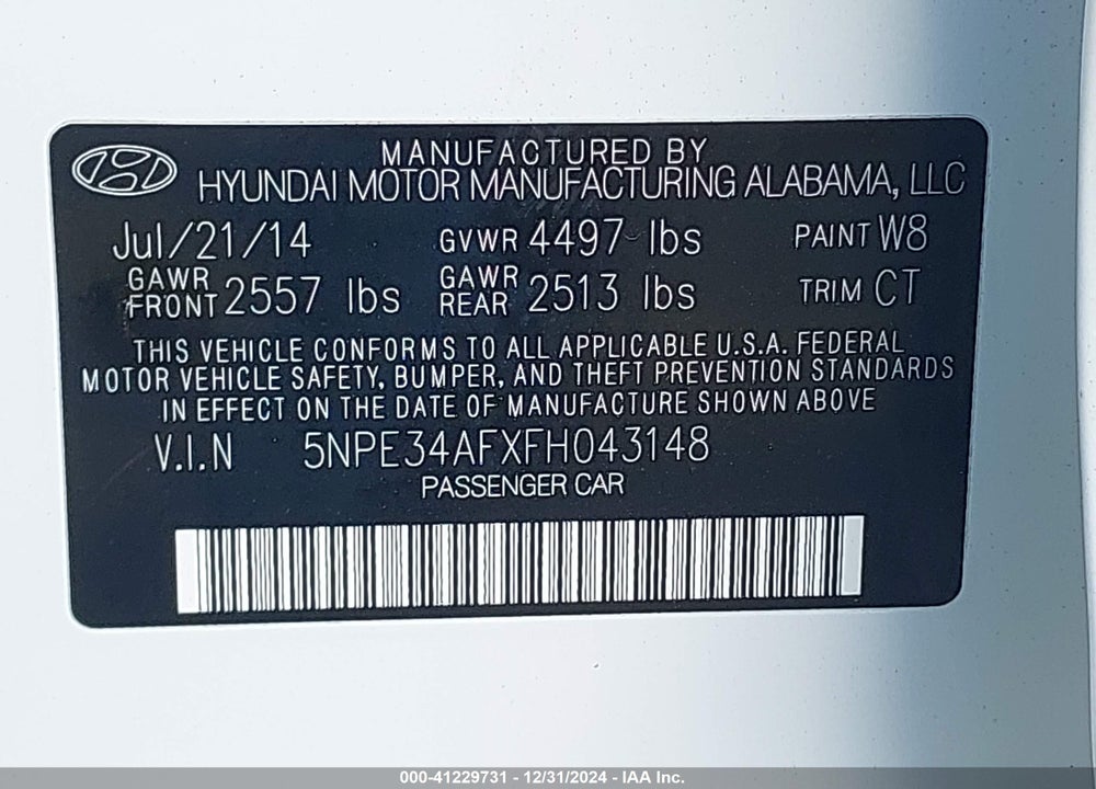 2015 HYUNDAI SONATA SPORT VIN: 5NPE34AFXFH043148