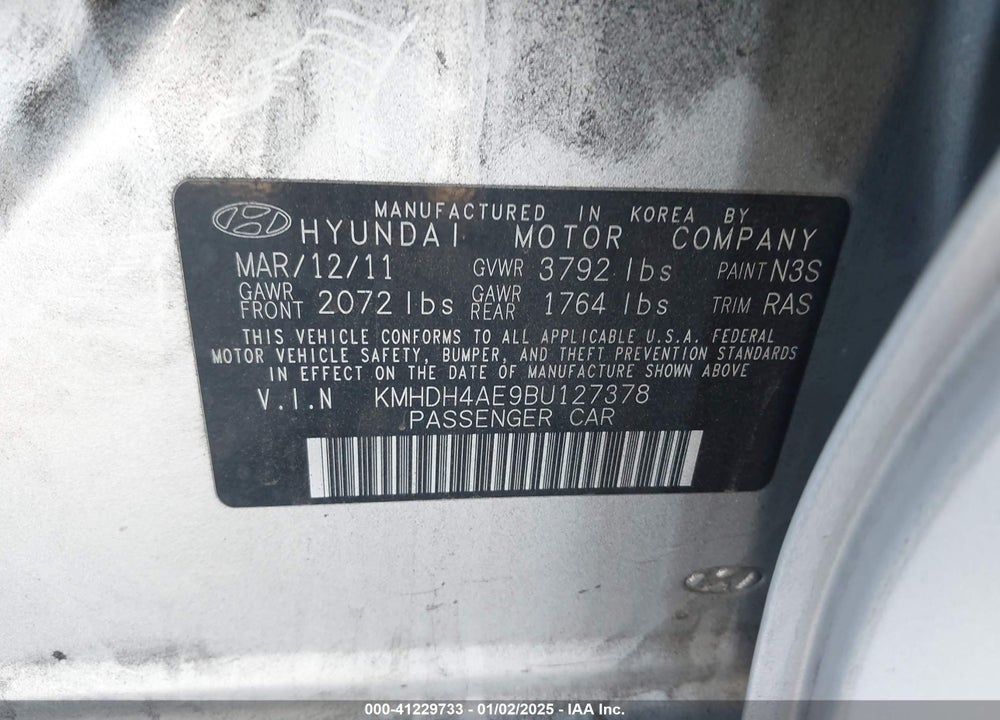 2011 HYUNDAI ELANTRA VIN: KMHDH4AE9BU127378