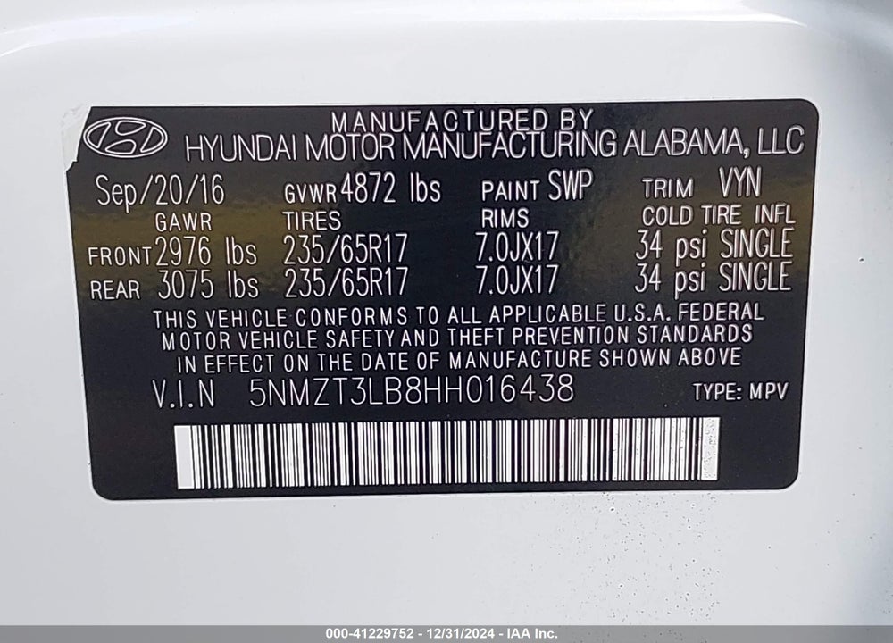 2017 HYUNDAI SANTA FE SPORT 2.4L VIN: 5NMZT3LB8HH016438