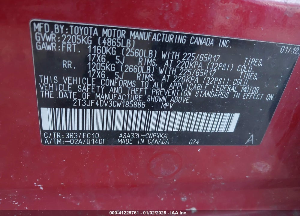 2012 TOYOTA RAV4 VIN: 2T3JF4DV3CW185886