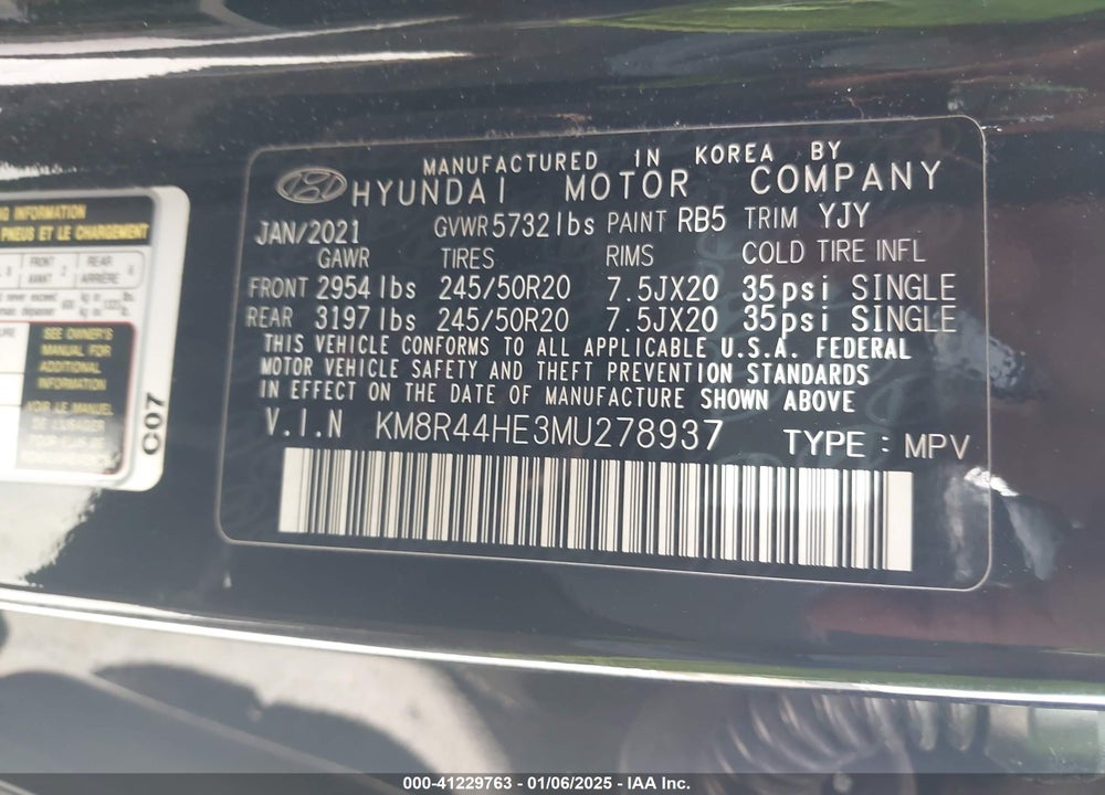 2021 HYUNDAI PALISADE SEL VIN: KM8R44HE3MU278937