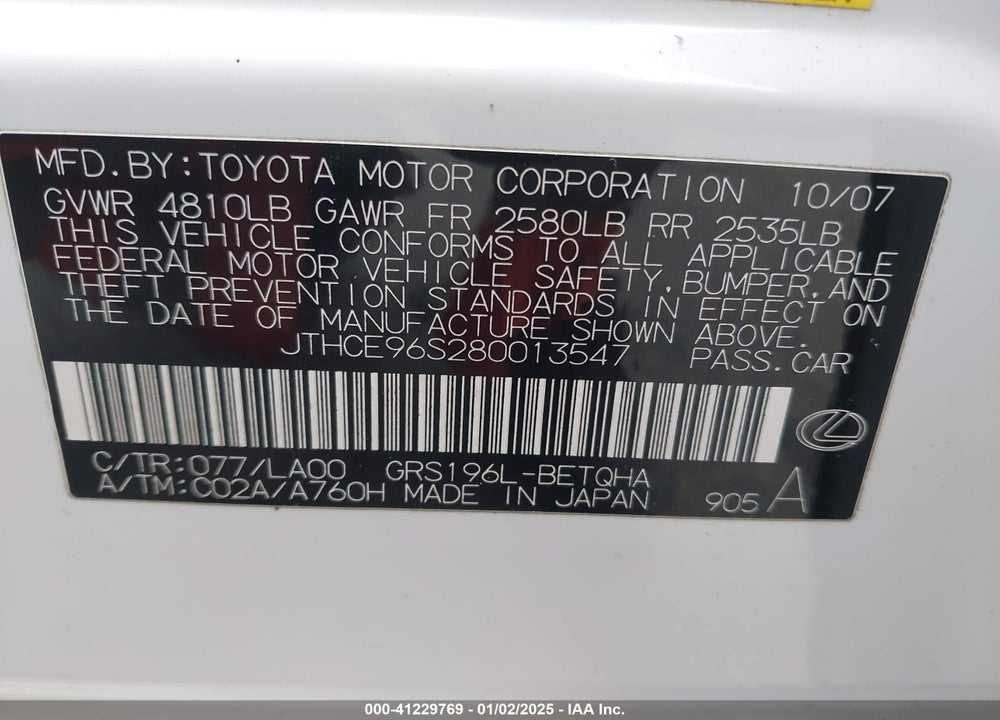2008 LEXUS GS 350 VIN: JTHCE96S280013547