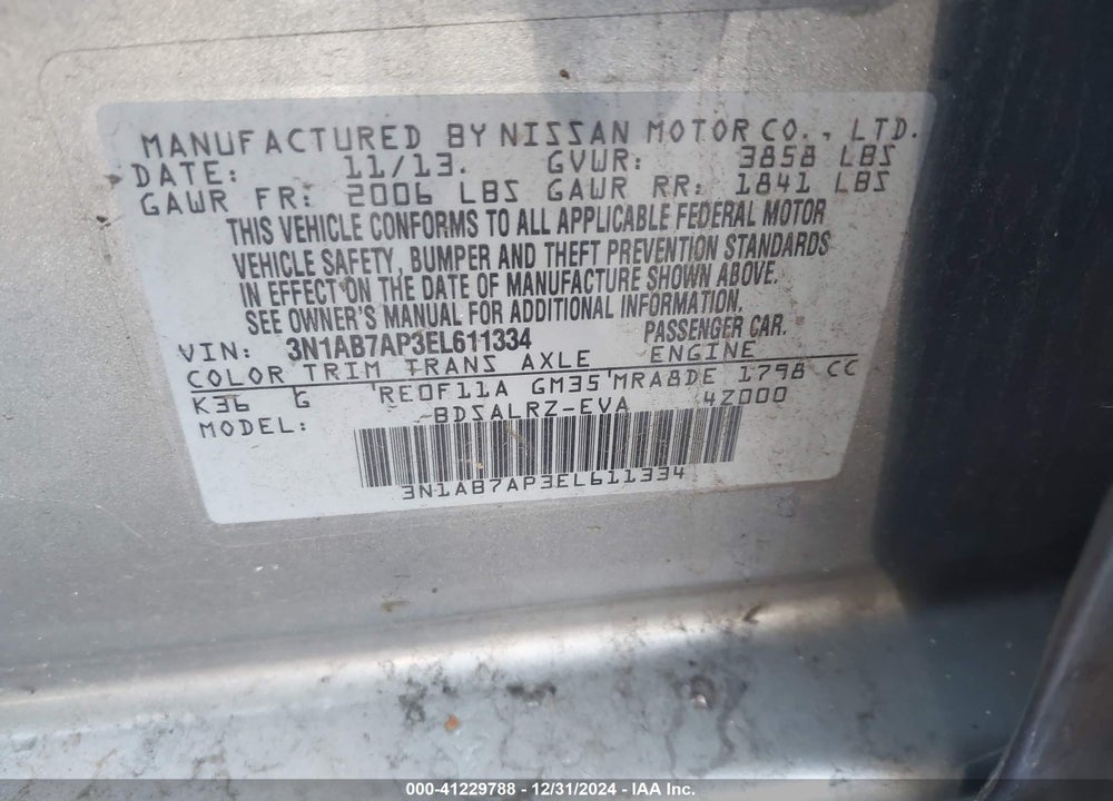 2014 NISSAN SENTRA SR VIN: 3N1AB7AP3EL611334