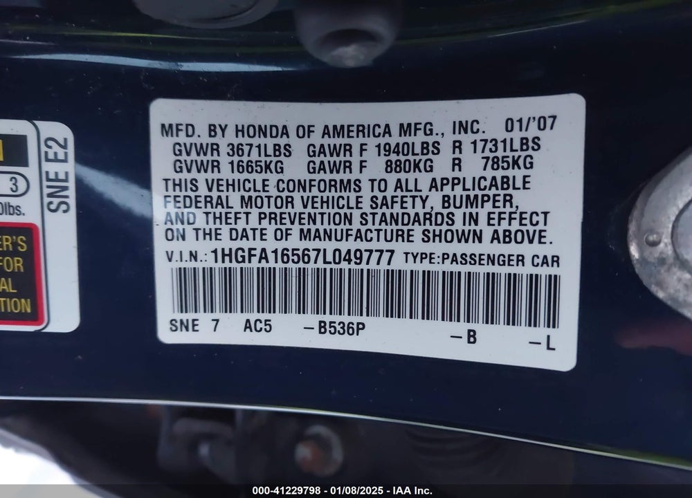 2007 HONDA CIVIC LX VIN: 1HGFA16567L049777