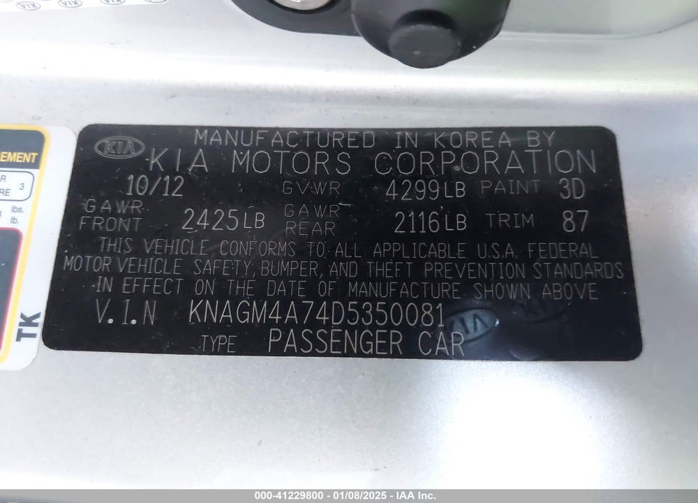 2013 KIA OPTIMA VIN: KNAGM4A74D5350081