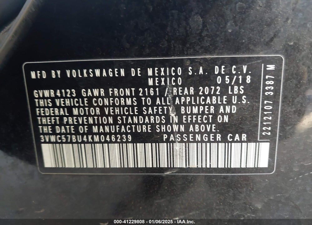 2019 VOLKSWAGEN JETTA VIN: 3VWC57BU4KM046239