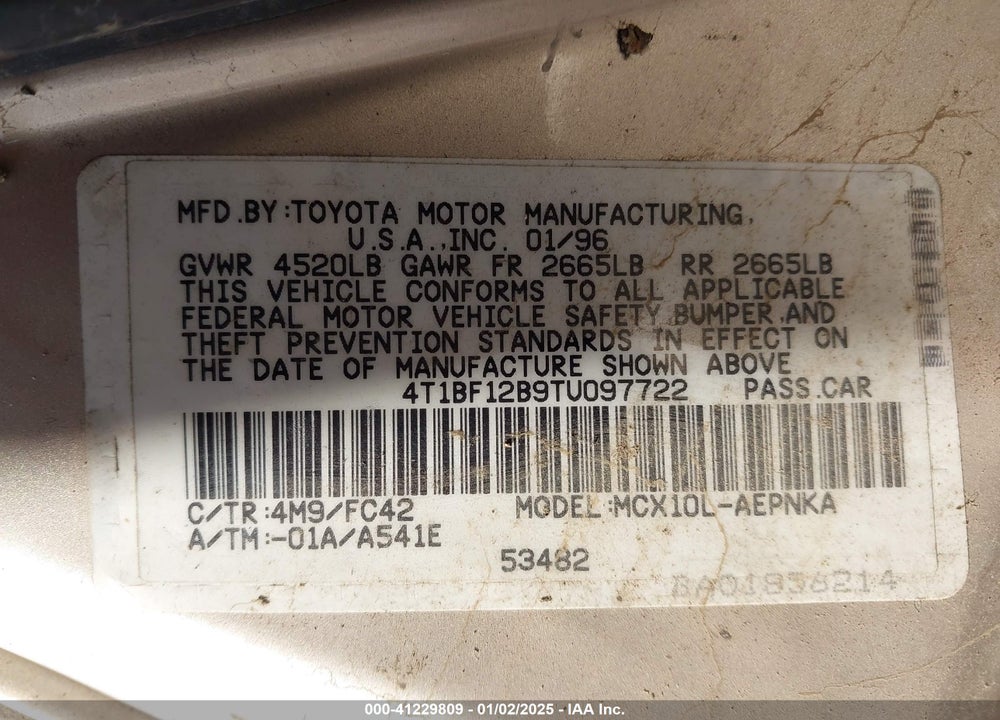 1996 TOYOTA AVALON XL/XLS VIN: 4T1BF12B9TU097722