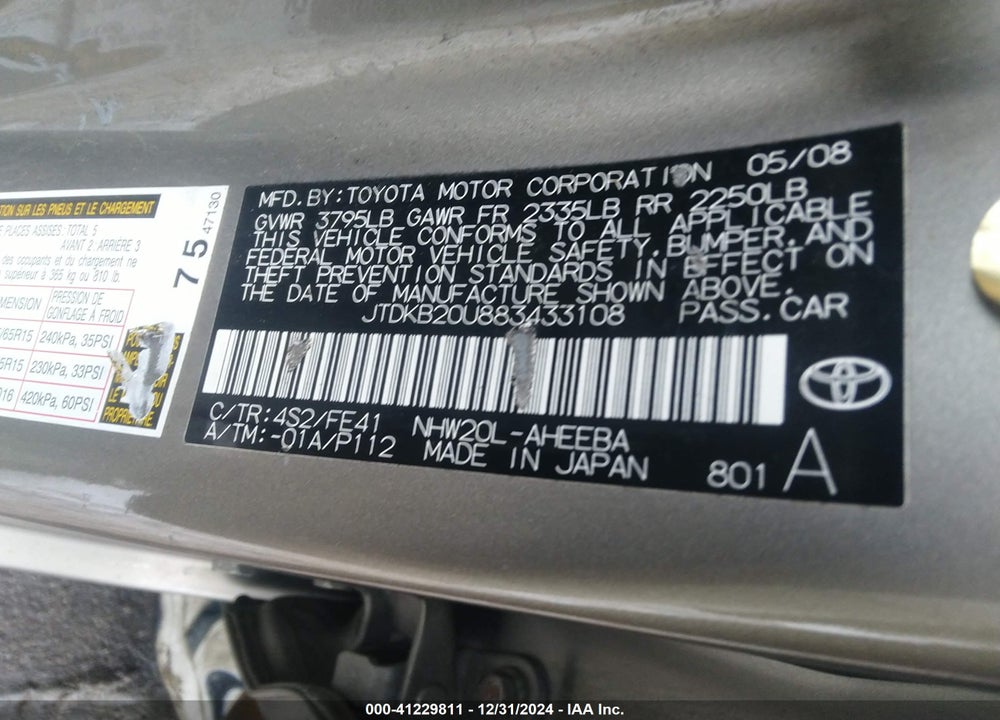 2008 TOYOTA PRIUS VIN: JTDKB20U883433108