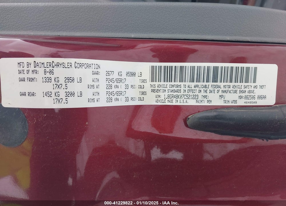 2007 JEEP GRAND CHEROKEE LAREDO VIN: 1J8GR48K07C521223