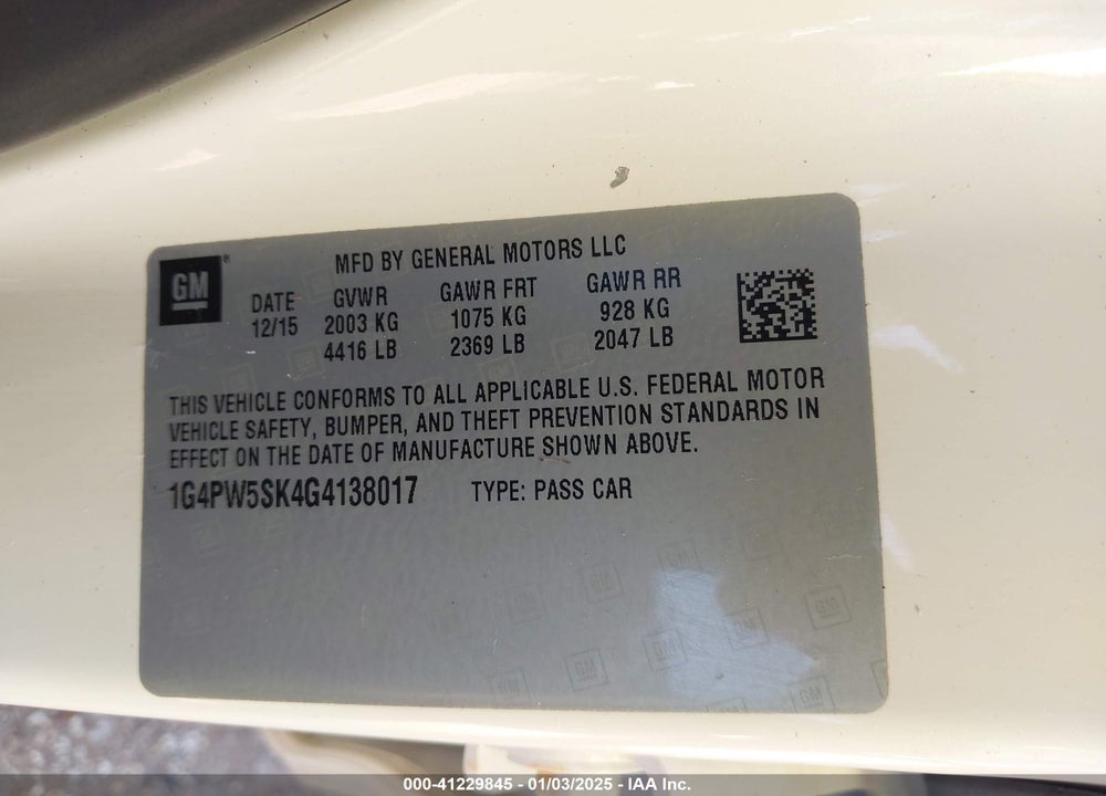 2016 BUICK VERANO VIN: 1G4PW5SK4G4138017