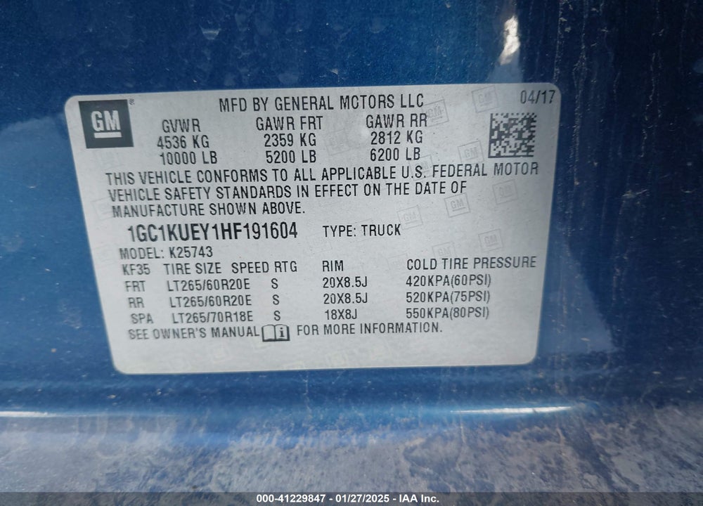 2017 CHEVROLET SILVERADO VIN: 1GC1KUEY1HF191604