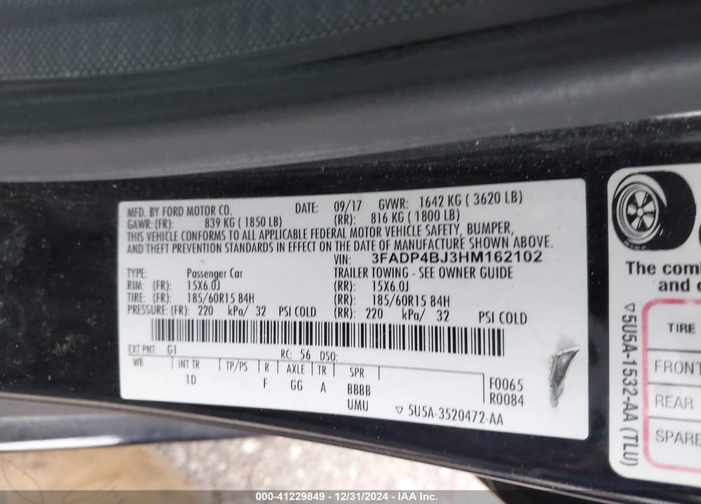 2017 FORD FIESTA VIN: 3FADP4BJ3HM162102