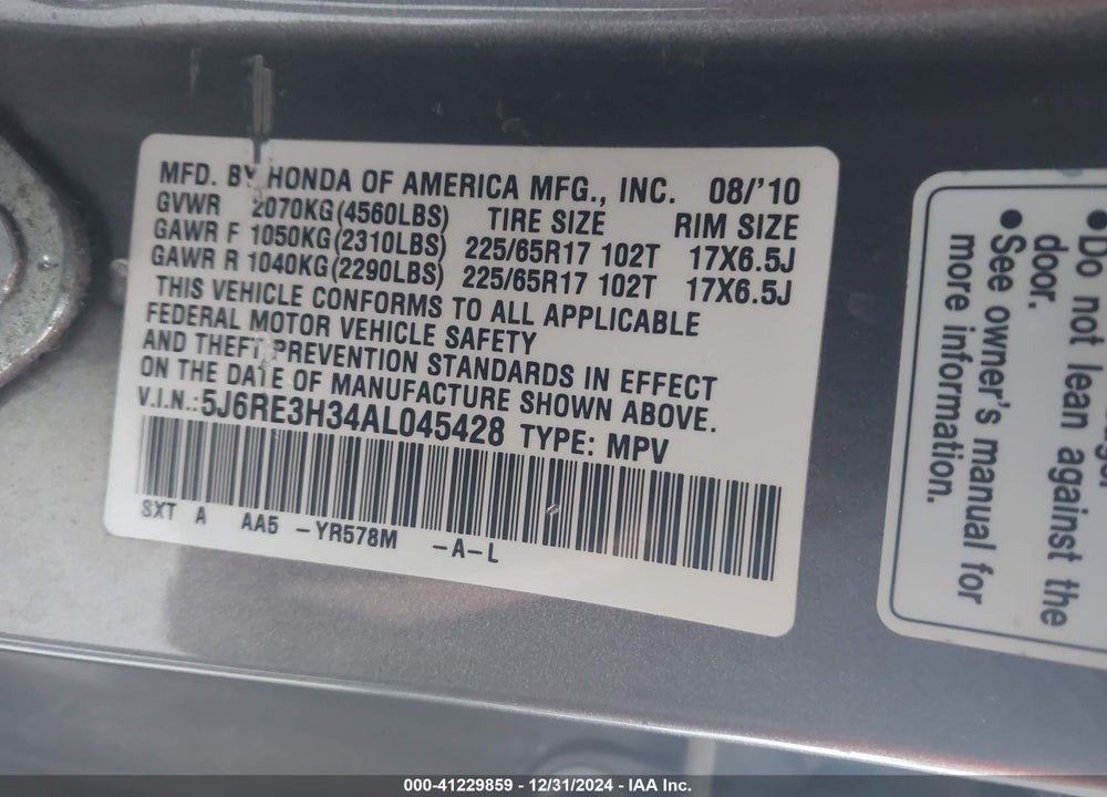 2010 HONDA CR-V LX VIN: 5J6RE3H34AL045428