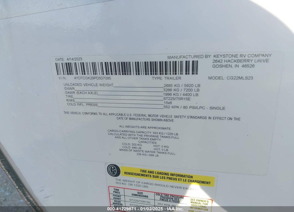 2023 KEYSTONE COUGAR CG223LS23 VIN: 4YDTCGK29PD507085