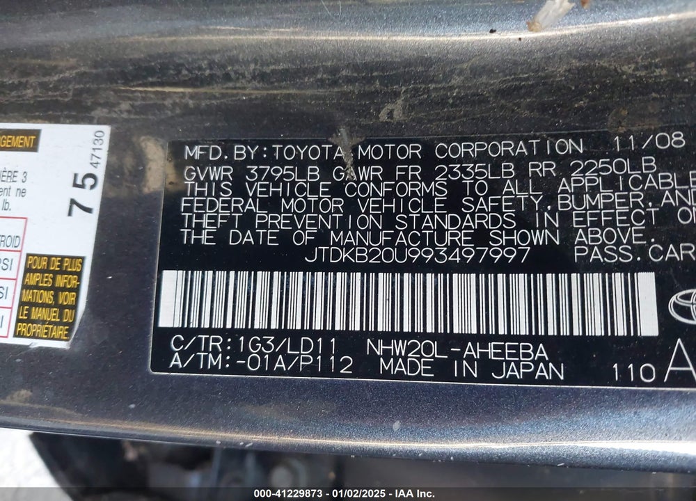 2009 TOYOTA PRIUS VIN: JTDKB20U993497997