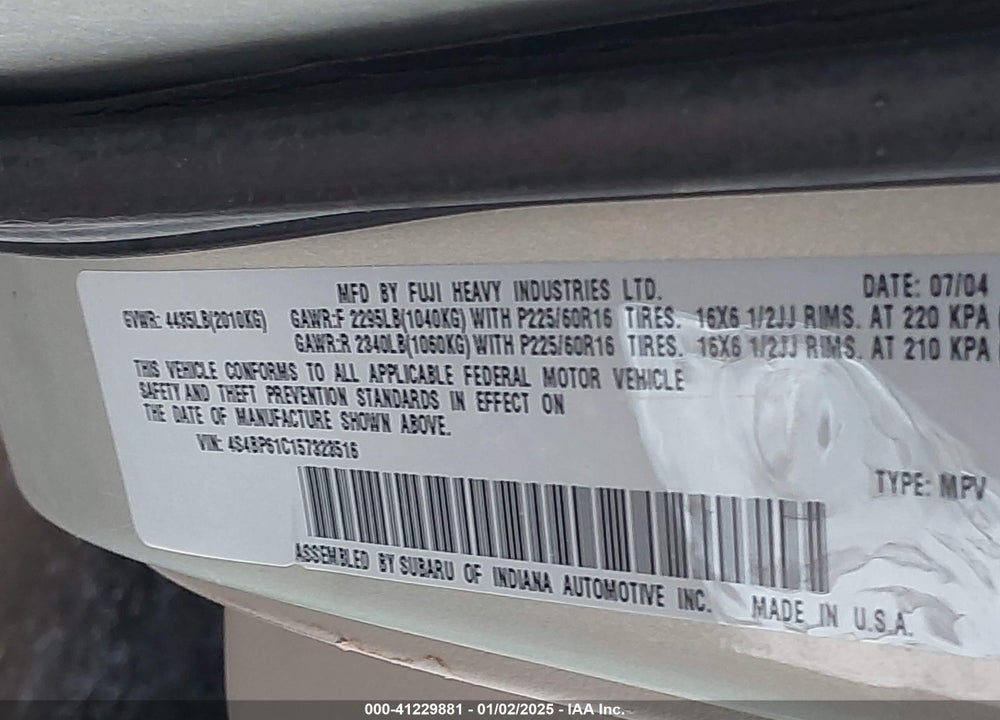 2005 SUBARU OUTBACK 2.5I VIN: 4S4BP61C157323516