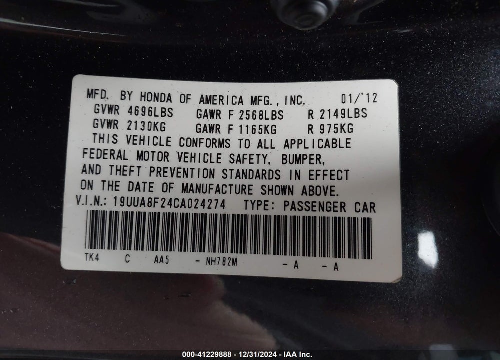 2012 ACURA TL VIN: 19UUA8F24CA024274