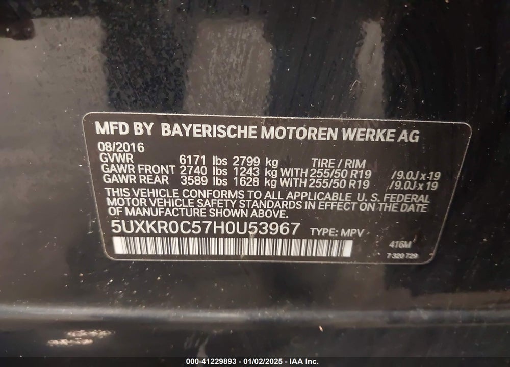 2017 BMW X5 XDRIVE35I VIN: 5UXKR0C57H0U53967