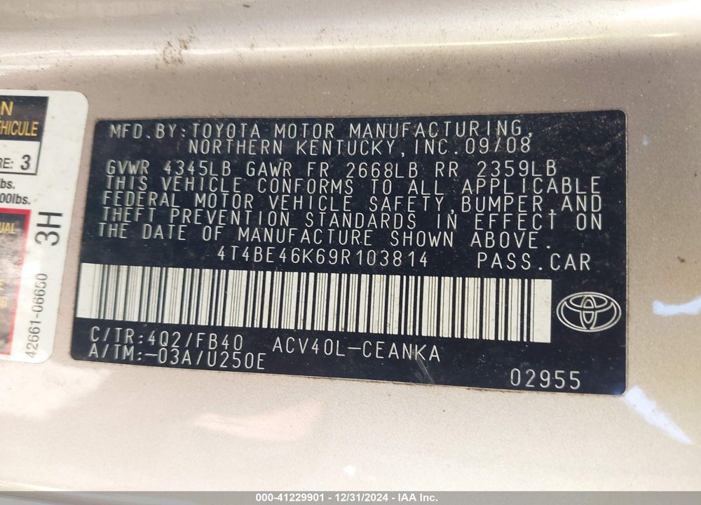2009 TOYOTA CAMRY VIN: 4T4BE46K69R103814