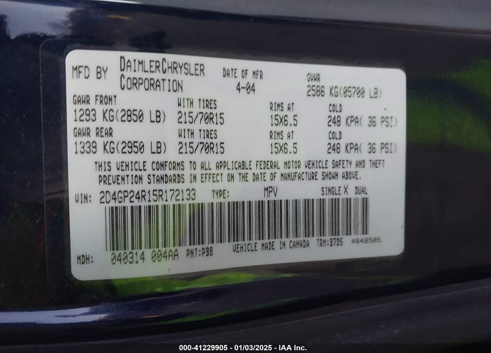 2005 DODGE GRAND CARAVAN SE VIN: 2D4GP24R15R172133