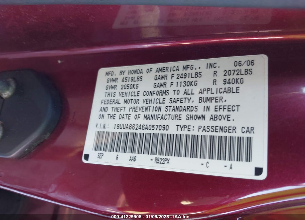 2006 ACURA TL VIN: 19UUA66246A057090